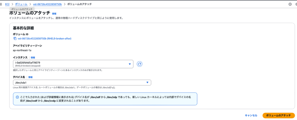 ボリュームのアタッチ画面3
